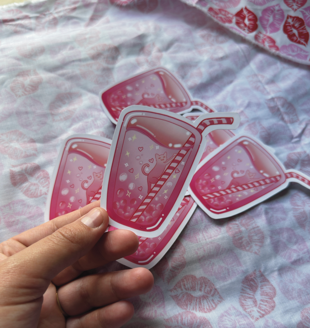 Pink Boba Cat Chill Drink Sticker