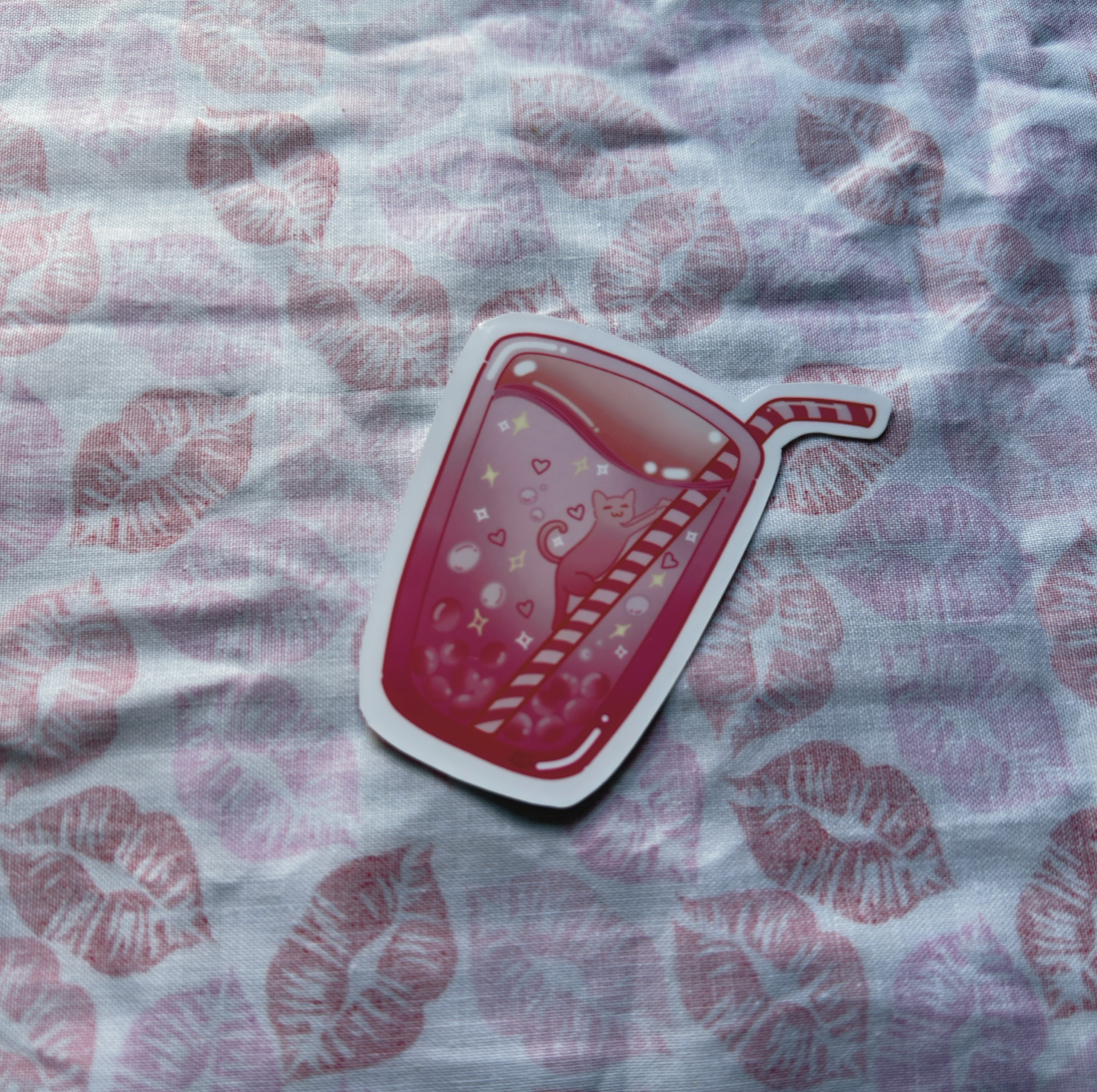 Pink Boba Cat Chill Drink Sticker